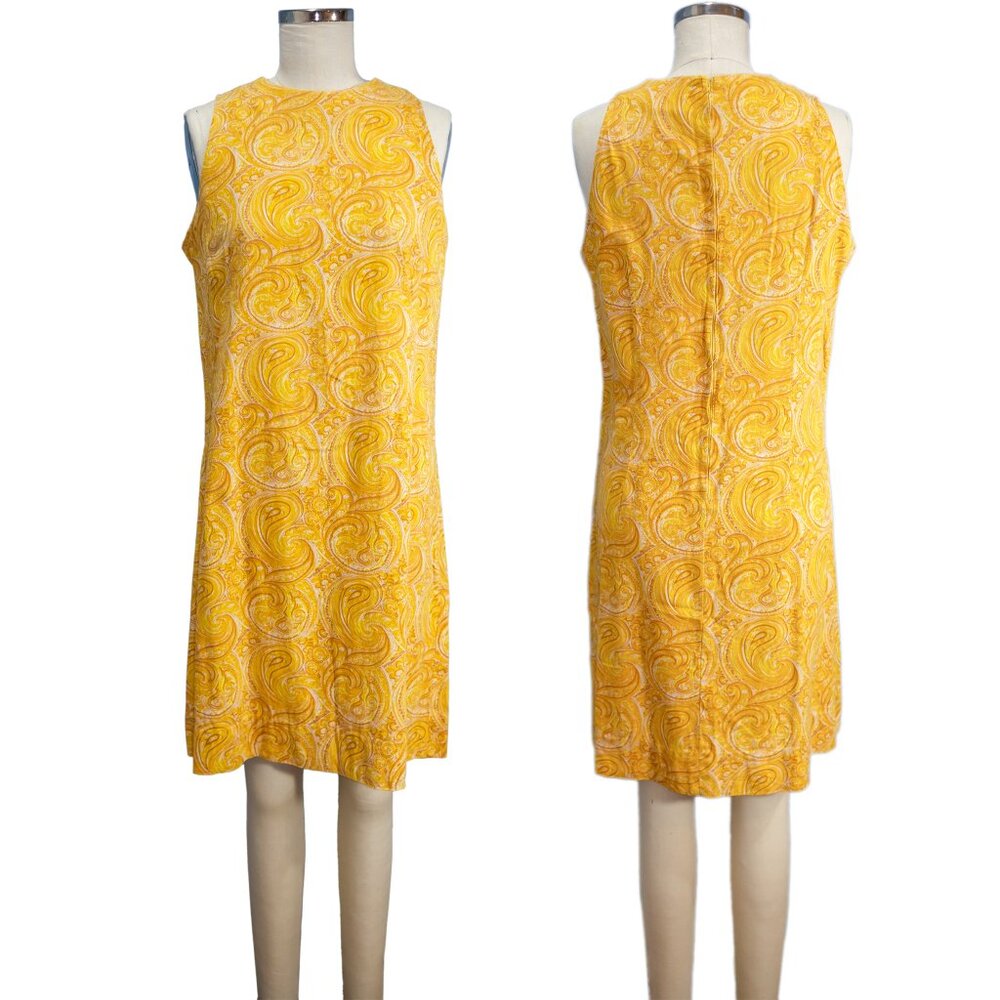 Vintage Yellow Paisly Shift Dress - Size Mediium - Custom Made